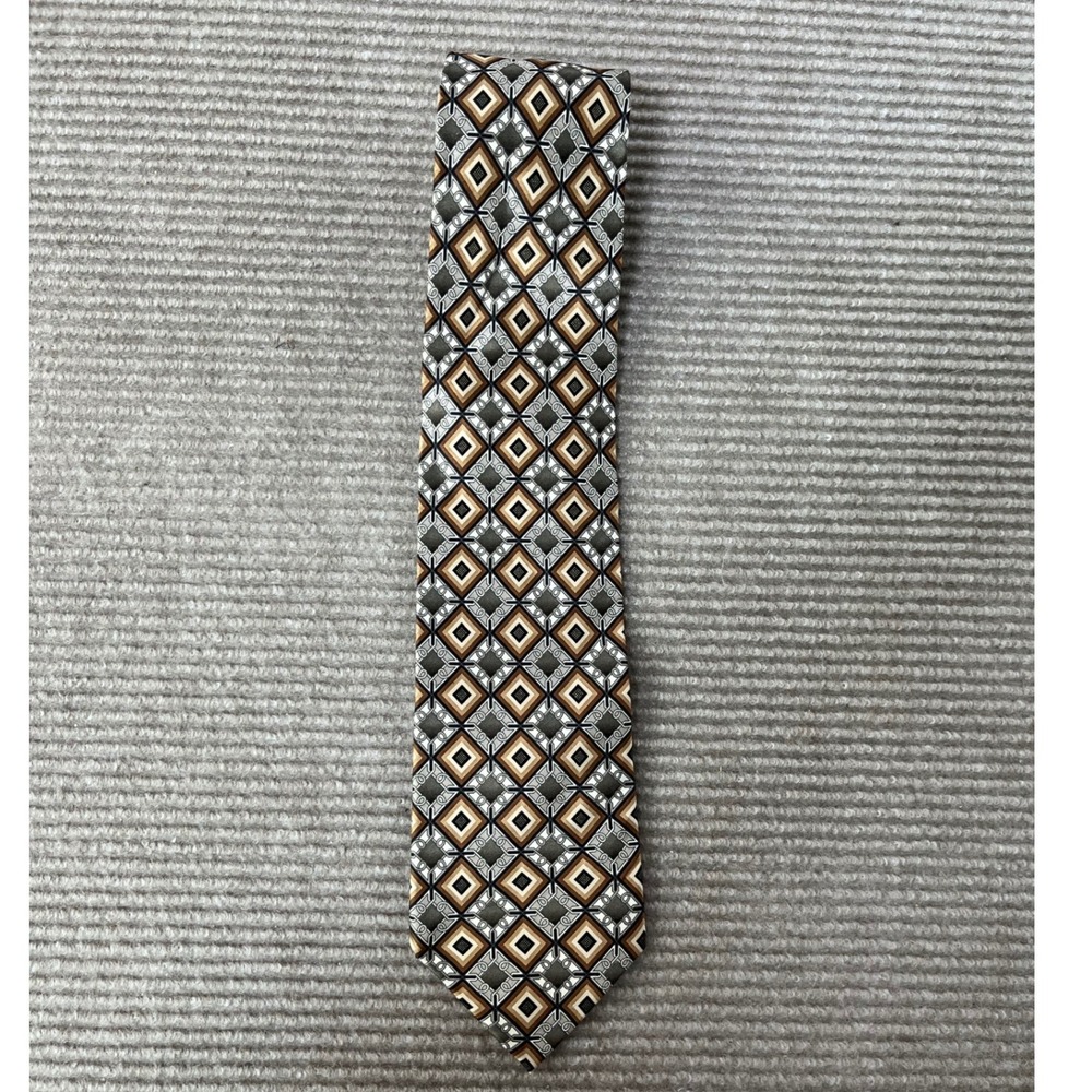 Bergamo New York Mens Silk Tie Extra Long Geometric Diamond Olive Green Bronze